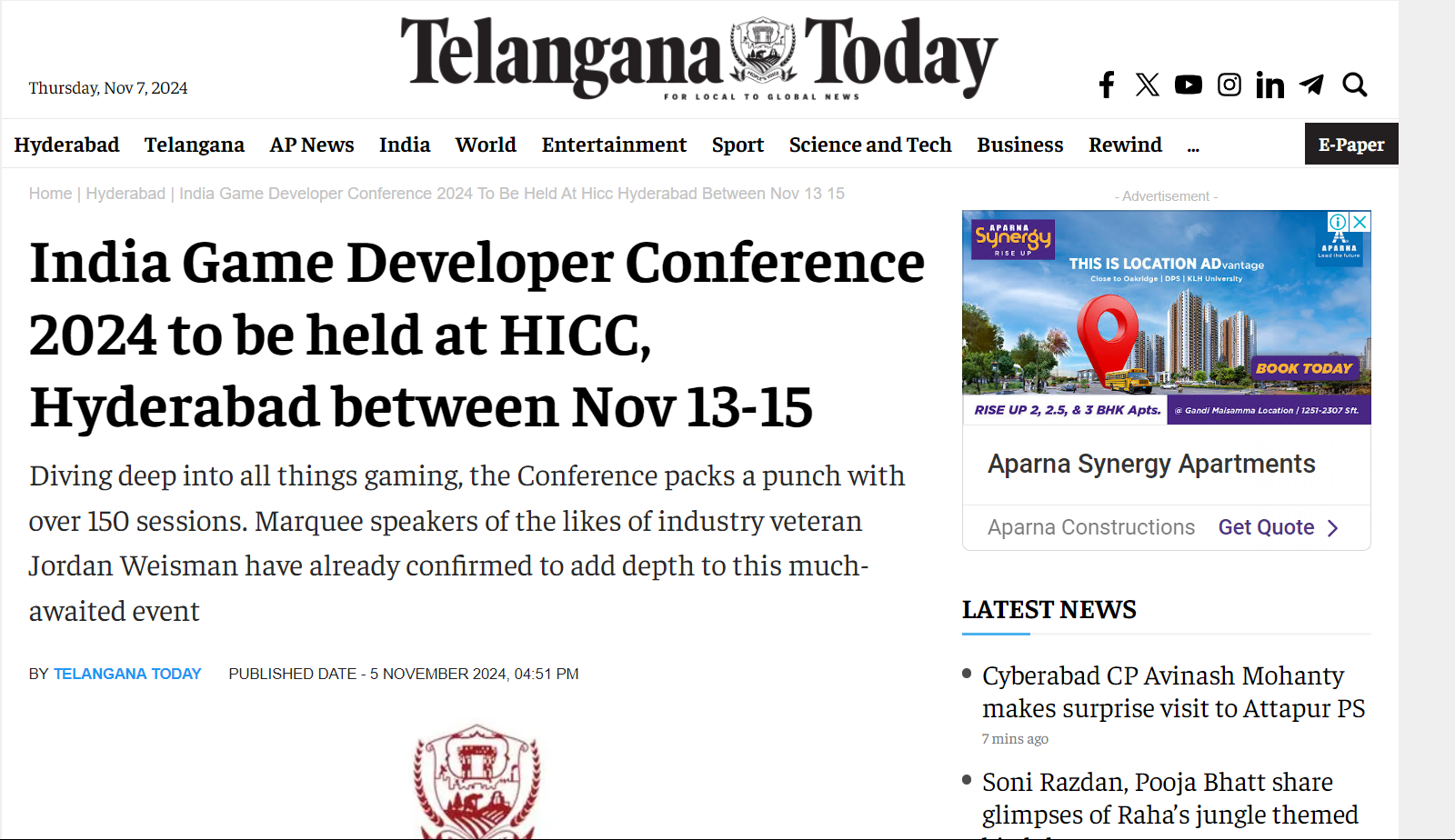 India Game Developer Conference 2024 to be held at HICC, Hyderabad between Nov 13-15